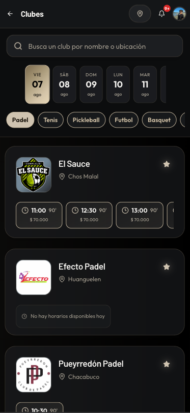 Disponibilidad de clubes en SetPlus App
